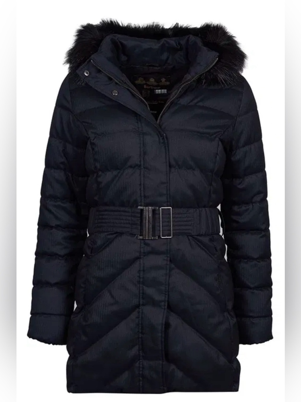 Barbour Waylite Quilted Belted Jacket Parka Black Faux Fur Hood UK 14 US 10